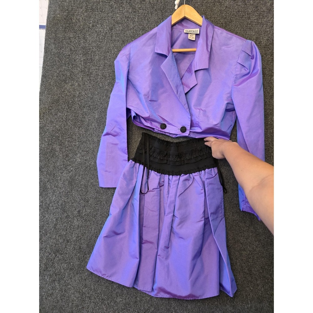Y2K Iridescent Rampage Crop Jacket Skirt Set Juniors 9 Purple Taffeta Lace 2‎ Pc